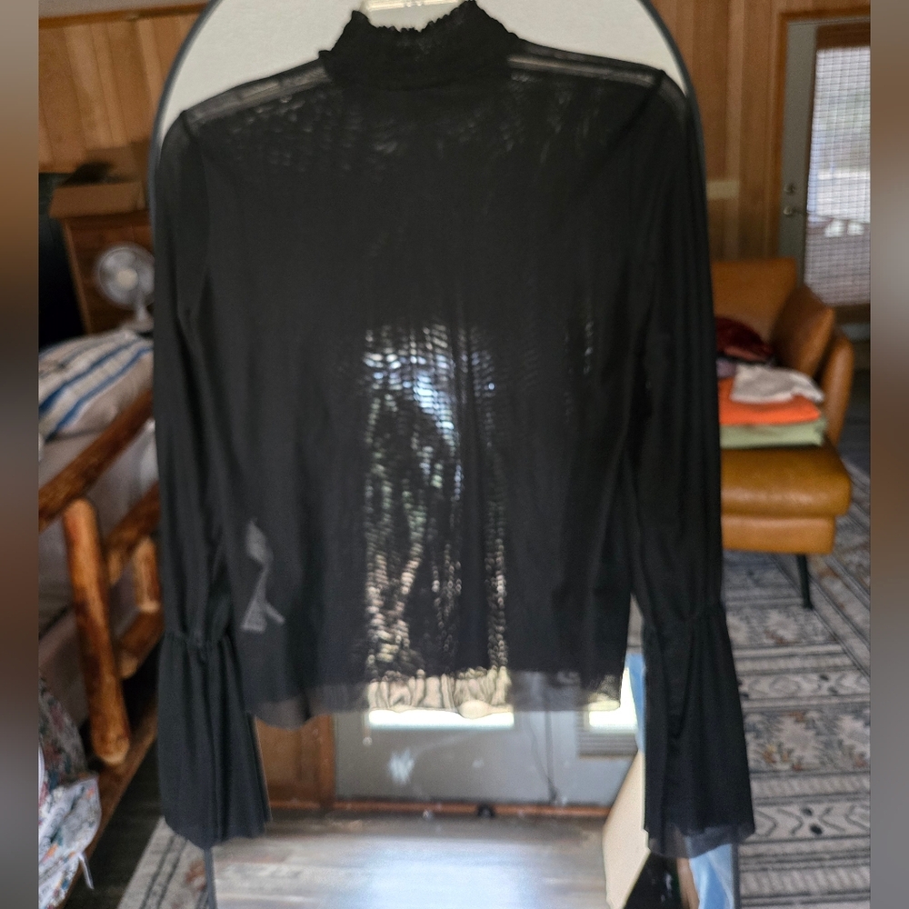 Whimsigoth High Ruffle Neck Black Sheer Blouse Medium Size
